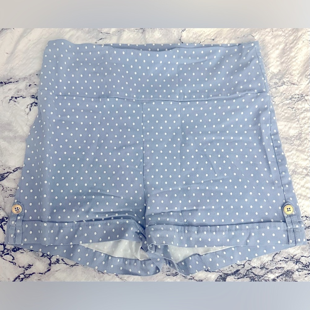 High Waisted Blue with White Polkadots Shorts. Gold Button Detail.